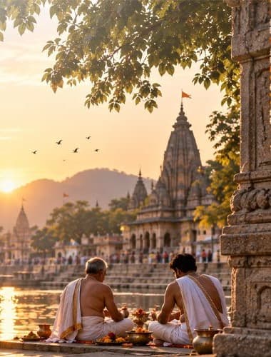 Families performing rituals on the ghats at sunrise, with a temple spire behind